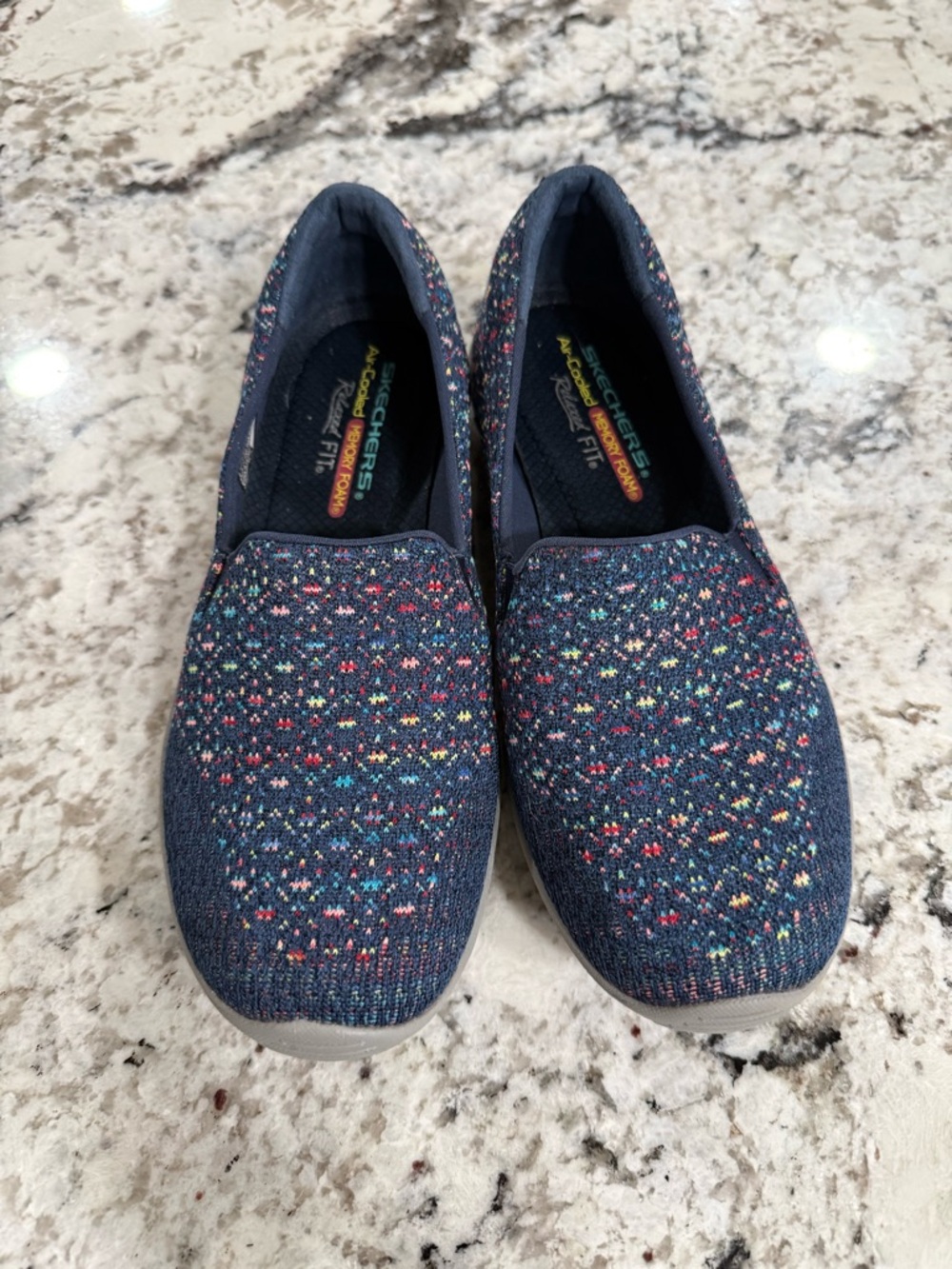 Skechers Navy Slip-On Knit Sneakers with Multicolor Dots size 7